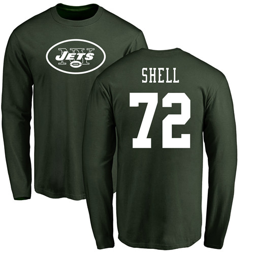 New York Jets Men Green Brandon Shell Name and Number Logo NFL Football #72 Long Sleeve T Shirt->new york jets->NFL Jersey